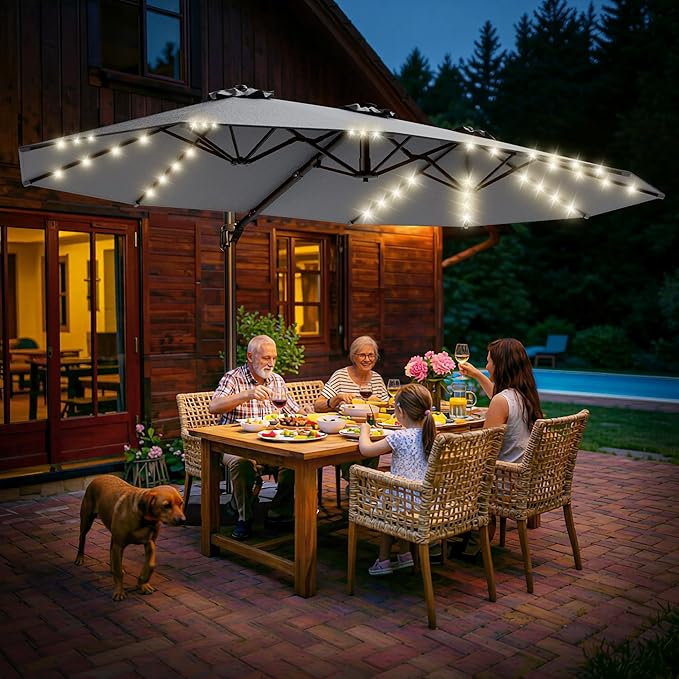 HOMSHADE 15FT Cantilever Double-Sided Umbrella with Solar Light and Base, Rectangle Oversized Offset Patio Umbrellas, Extra Large Outdoor Umbrella for Pool, Deck, Garden, Market (Dark Gray)
