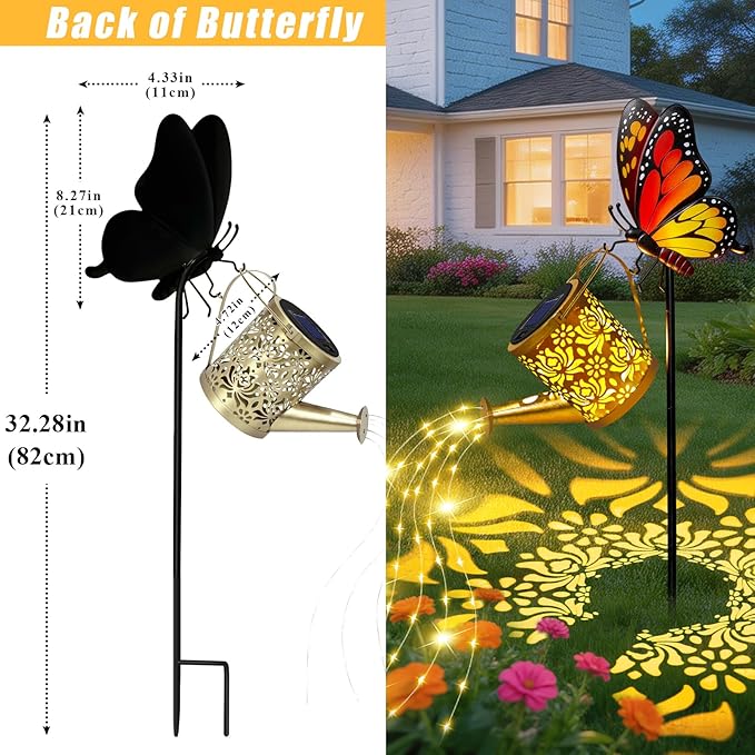 Solar Lights Garden Decor, Waterproof Solar Watering Can with Butterfly Garden Stakes, Outdoor Light with Cascading Lights for Yard Art Outside Patio Lawn Porch, Birthday Gift for Mom Women