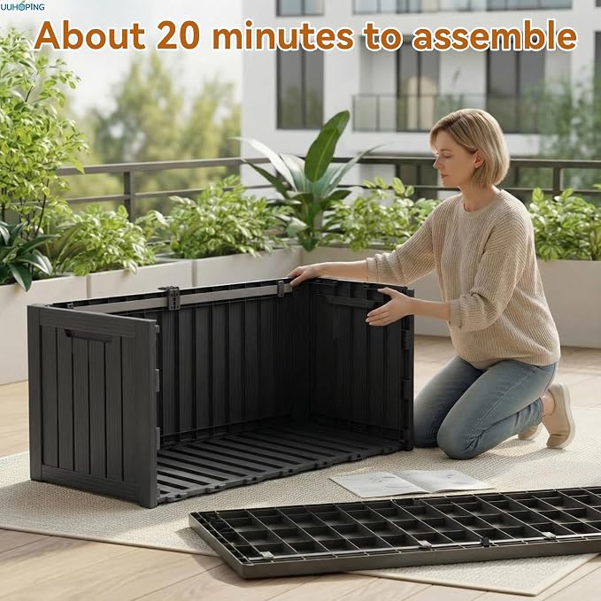 150 Gallon Outdoor Deck Box, Resin Waterproof Storage Box With Lockable Lid, UV-Resistant Multi-Purpose Outdoor Storage Bench for Patio Cushions, Garden Tools, Pool Accessories (Black)