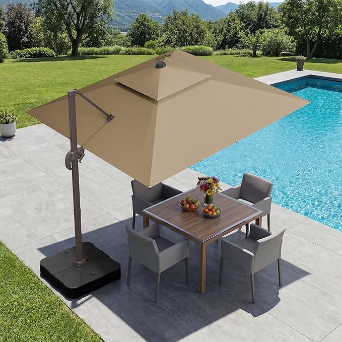 GENTEACO 10X10 FT Cantilever Umbrella, Large Offset Patio Umbrella with Double Top, 6 Angle Tilts & 360° Rotation, Large Square Sun Umbrellas for Outdoor Patio Pool Deck Market, Tan