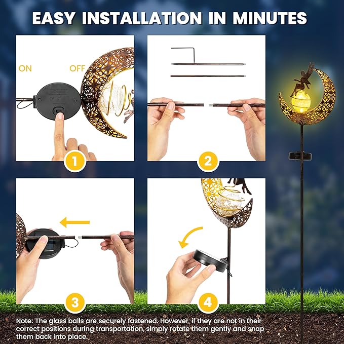 Fairy Garden Solar Lights Outdoor Decor, Moon Garden Stakes, Waterproof Outdoor Metal Decorations Gifts for Women and Mom, Art Moon Sculpture for Walkway, Yard, Patio, Garden and Porch, 2 Pack