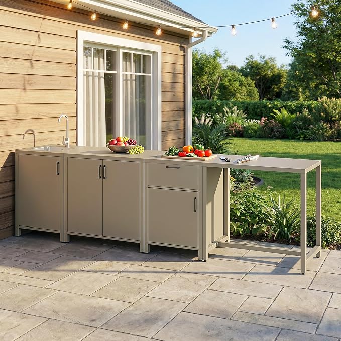 Wisteria Lane Outdoor Storage Cabinet with Stainless Steel Sink, Aluminum Modular Outdoor Kitchen, All Weather Kitchen Island with Storage, Drawers & Bar Table for BBQ, Porch, Backyard