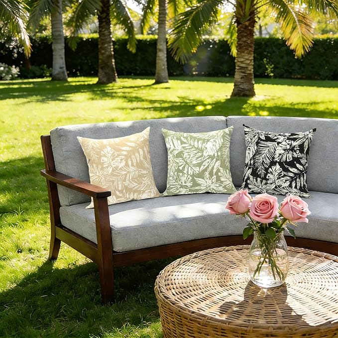 Outdoor Pillows with Insert 16x16 Inch, Waterproof Throw Pillow for Patio Furniture, Decorative Back Cushion for Garden Home Sofa Office Chair, Set of 2, Tropical Leaf Black