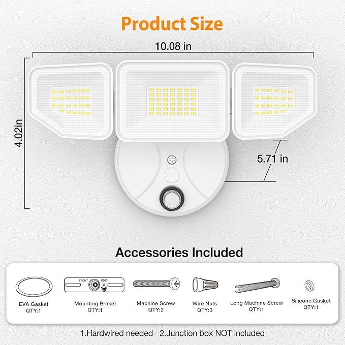 65W Dusk to Dawn Flood Lights Outdoor, 6500LM LED Outdoor Light, IP65 Waterproof, 6500K Daylight, 3 Adjustable Heads LED Security Light with Photocell for Yard Garage Porch White