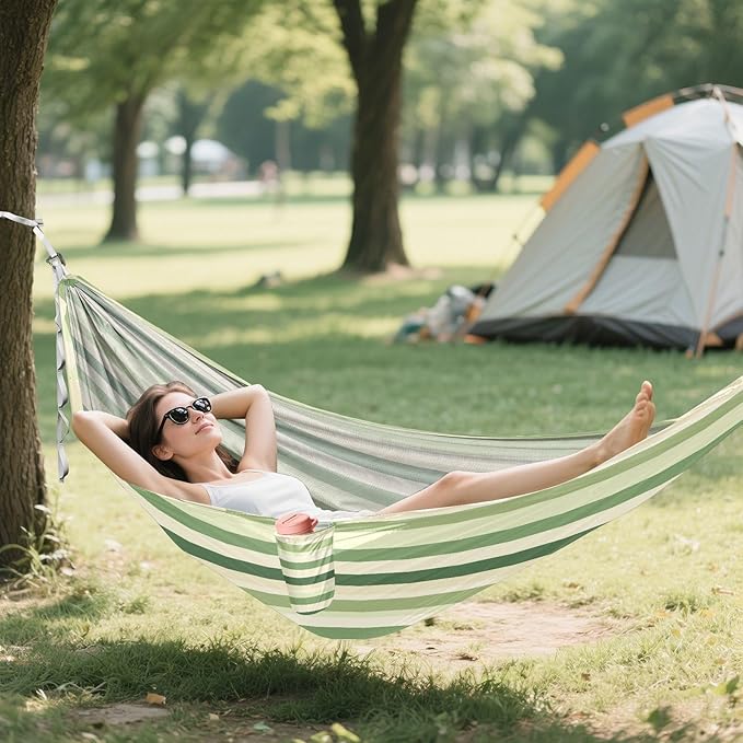 Camping Hammock Outdoor Hammocks for Outside Green Cream Stripe Beach Trees Portable Lightweight with Pockets Tree Straps Indoor