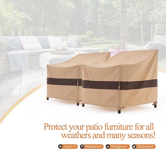 WJ-X3 Patio Chair Cover, Outdoor Lounge Cover, Heavy Duty, Waterproof Lawn Chair Covers, 33W x 35D x 36H, Beige/Coffee, 2-Pack