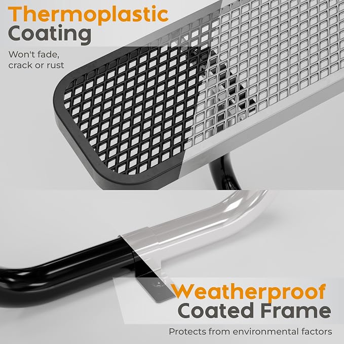 Commercial Heavy-Duty Metal Picnic Table - ADA Compliant, Adjustable Seats, Umbrella Hole, Expanded Metal (Black, 6' Rectangular)