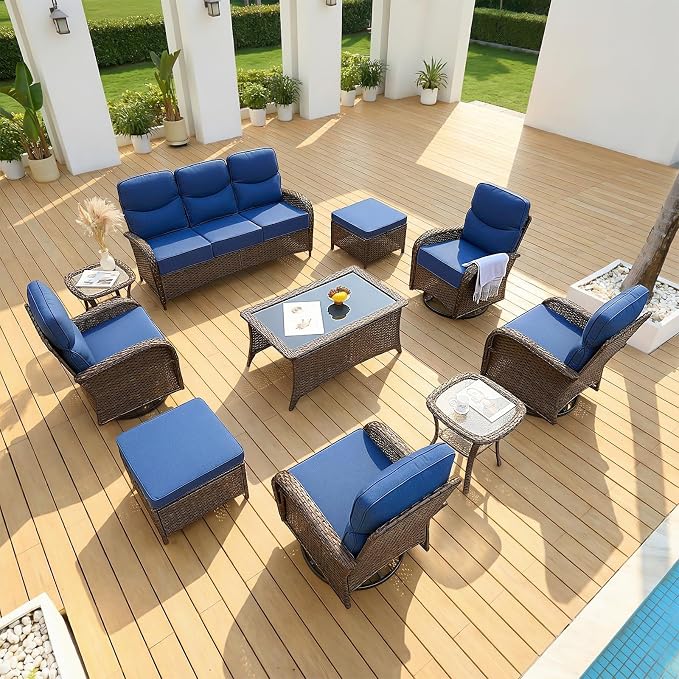 Patio Furniture Set with Luxury 6" Cushions, 10 Pieces Swivel Rocking Patio High Back Chairs, Couch and Ottoman, Outdoor Wicker Conversation Set for Deck, Porch, Backyard, Poolside, Blue