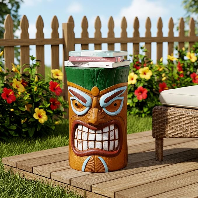 Tiki Outdoor Side Table, 20 Inch Fiber Reinforced Concrete Patio End Table, Decorative Garden Statue Stool with Wood Grain Tribal Mask Design for Garden, Porch, Poolside, Deck