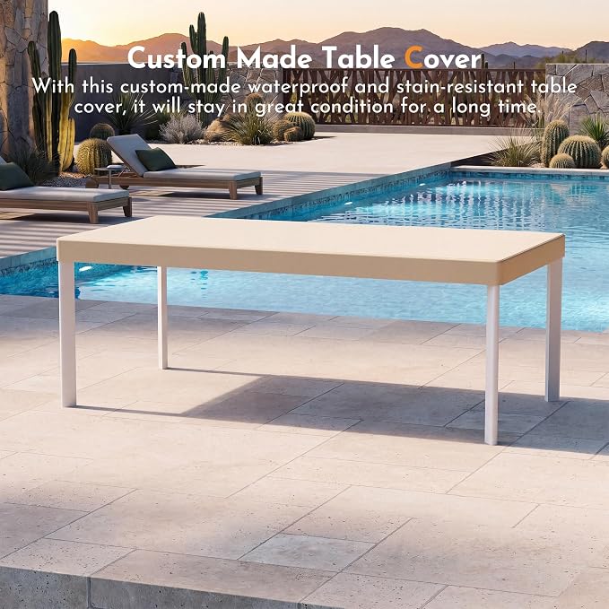 Modern Shade 7 Piece Luxury Outdoor Dining Set, Large Outdoor Table and Chairs with Fade Resistant Cushions & Teak Accents, Premium Aluminum Patio Table and Chairs Set for Outdoor Entertaining, Beige