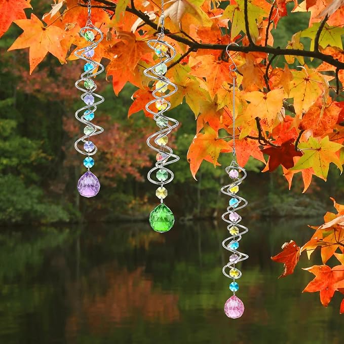 Set of 3 Crystal Spiral Wind Spinner Gazing Ball Decor | Crystal Suncatcher Rainbow Maker with Spiral Tail Hanging for Outdoor Garden Patio Porch Christmas Window Decor