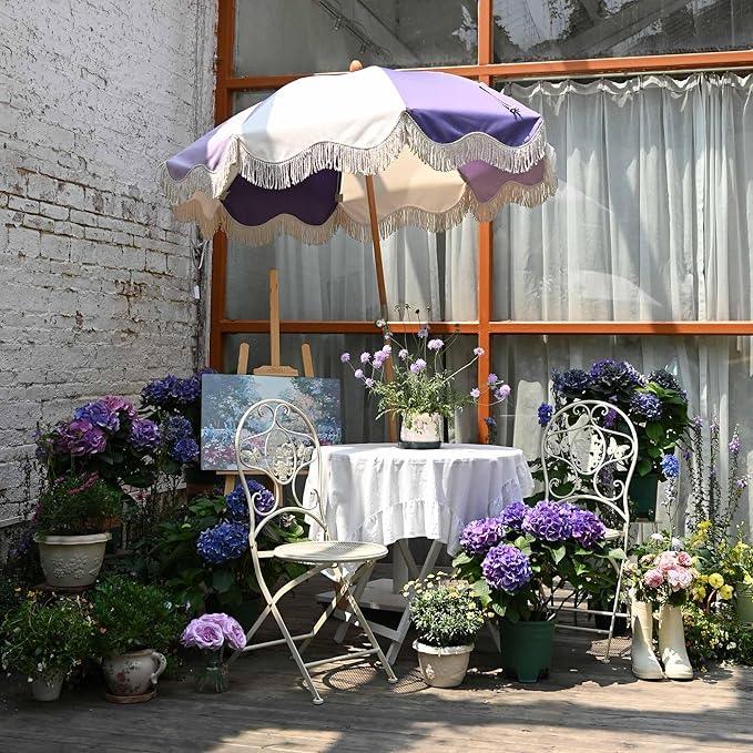 LAGarden Fringe Patio Umbrella with Carry Bag & Cover Vintage Wood for Event Outdoor Garden Yard Wedding Bistro Table