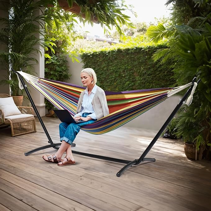 ONCLOUD Heavy Duty 550 LBS Double Hammock with Stand Included with Portable Carrying Bag, Upgraded 2 Person Hammock with Frame for Outdoors & Indoors, Series TDCTZ2 - Rainbow Stripe
