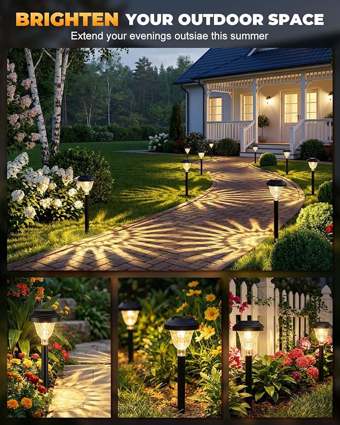 Solar Pathway Lights Outdoor 10 Pack Waterproof Solar Garden Lights Auto On/Off LED Solar Yard Lights 3000K Warm White Solar Stake Lights Outdoor Landscape Path Lights for Driveway Walkway