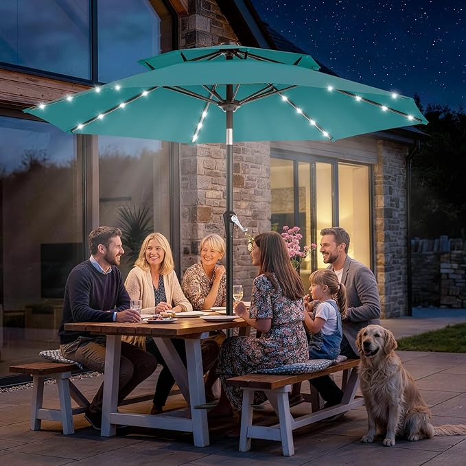 AreShark 9ft 2 Tiers Patio Umbrella with Solar Lights, Outdoor Umbrella w/ 32 LED Lights&8 Sturdy Ribs, Table Umbrella for Deck, Backyard, Pool(Lake Blue)