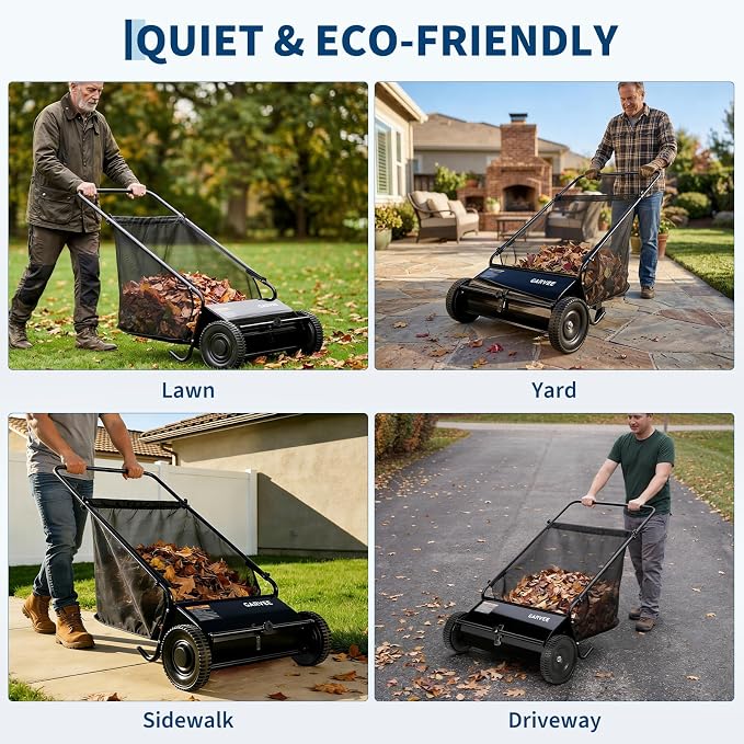 Push Lawn Sweeper 26Inch-Heavy Duty Walk Behind Leaf Collector and Yard Sweeper for Outdoor,Patio,Driveway,Garden Grass Sweepers,4 High Speed Spinning Brush,7 Cu. ft. Hopper Capacity