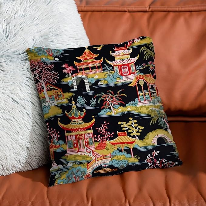 Pillow Cover Chinoiserie Charcoal Coral Pagoda Asian Pillows Classic Chinoiserie Chic Asian Pillow Cover Accent Decorative Cushion Covers Home Decor for Patio Furniture Porch 18x18 in
