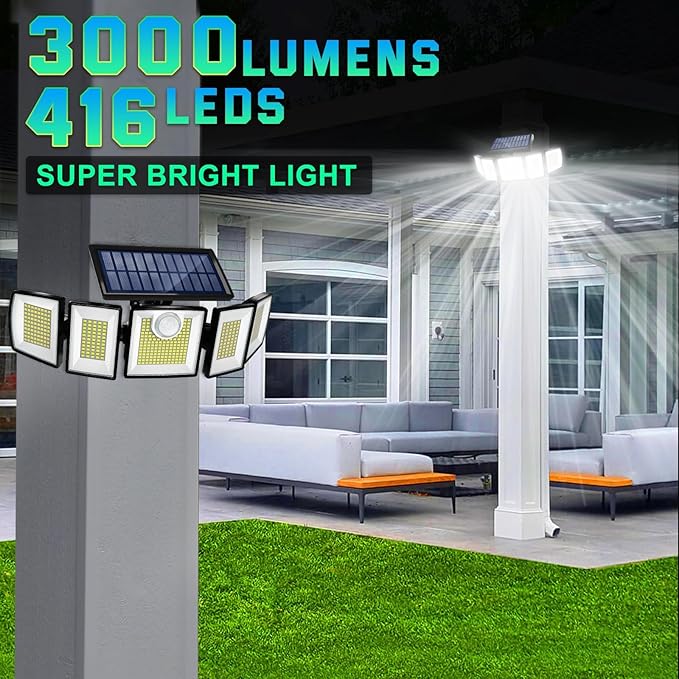 Solar Lights Outdoor Waterproof Motion Sensor - 416 LEDs 3000 Lumens Super Bright 3 Brightness 3 Modes 2400mAh 360° Illumination 32ft Solar Flood Security Light for Outside (With Remote Control, 2)