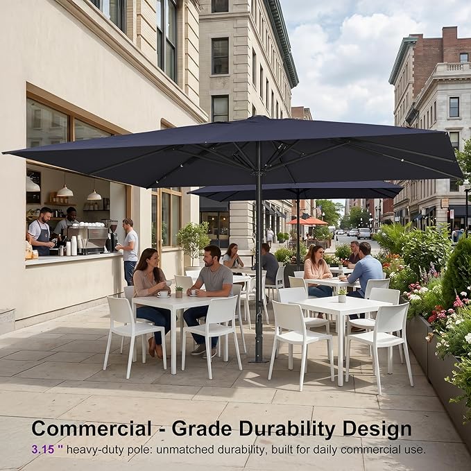PURPLE LEAF 16' x 13' Rectangular Semi-Auto Outdoor Patio Umbrella Aluminium Market Umbrella Table Sun Umbrella with 3.15" Rod and 8 Sturdy Ribs for Deck Lawn Pool Garden, Navy Blue
