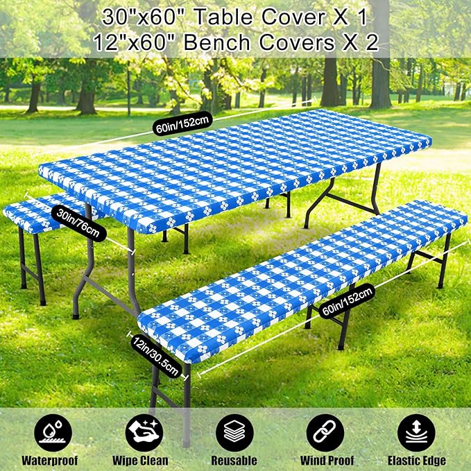 Smiry Picnic Table Cover with Bench Covers, Waterproof Elastic Fitted Tablecloth for 5 Foot Tables, Washable Polyester Tablecloths for Camping, Indoor & Outdoor (Blue & White, 30x60 Inch 3-pc Set)