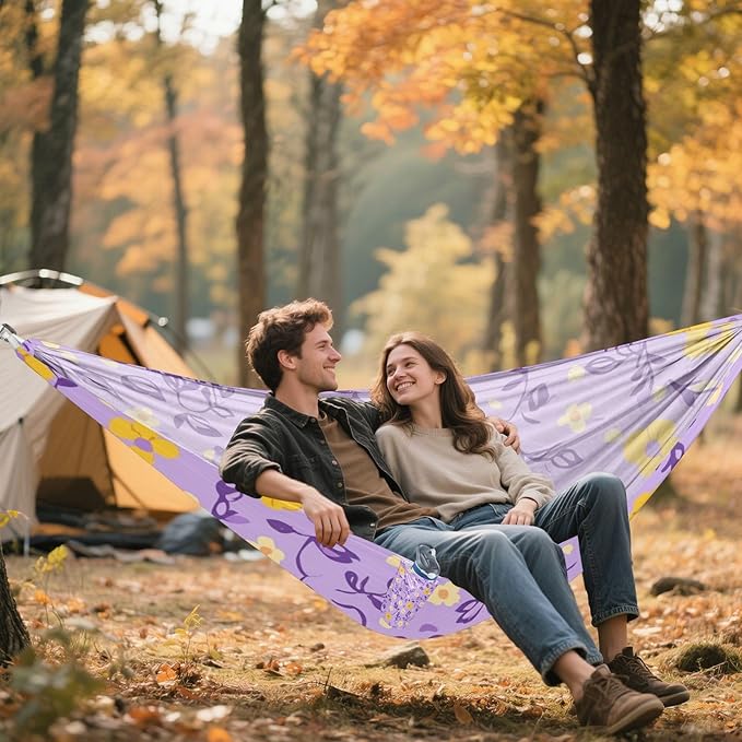 Multi-Small Flowers and Leaves Purple and Yellow 330lb Capacity Outdoor Hammock Rope Hammock for Patio Backyard Lounge Base amacas para patios con Base de adultos