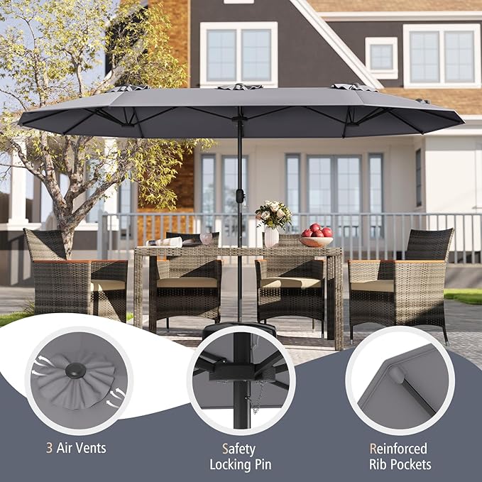 Tangkula 13FT Double-sided Patio Umbrella, Extra Large Twin Table Umbrella with Crank Handle, Umbrella Base, Safety Lock, Air Vent, Outdoor Market Umbrella for Garden Pool Backyard (Gray)