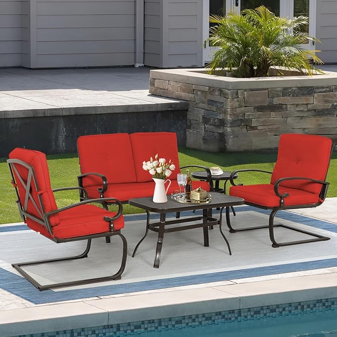 Oakcloud 5Pcs Metal Outdoor Furniture Patio Conversation Set (Loveseat, Coffee Table and Bistro Table, 2 Spring Chair) -Wrought Iron Patio Chair Set with Cushions (Red)