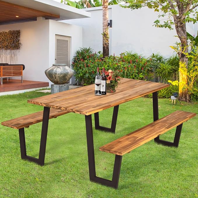 Giantex Picnic Table Bench Set for 6 or 8, 70.5" Acacia Wood Outdoor Dining Table Set, 2" Umbrella Hole, 1600 LBS Capacity, Heavy Duty Metal Frame, Large Beer Table for Patio Lawn Garden, Patented