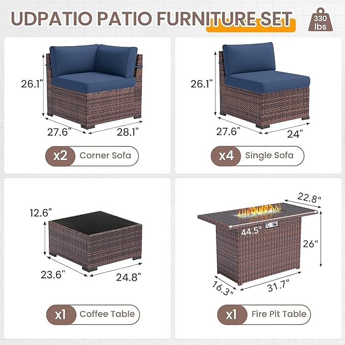 UDPATIO Patio Furniture Set with 44'' Fire Pit Table,Modular Outdoor Furniture Sets,Slanted Back Outdoor Sectional Conversation Set PE Rattan Sofa for Backyard W/Coffee Table,4'' Cushions,8 PCS,Blue