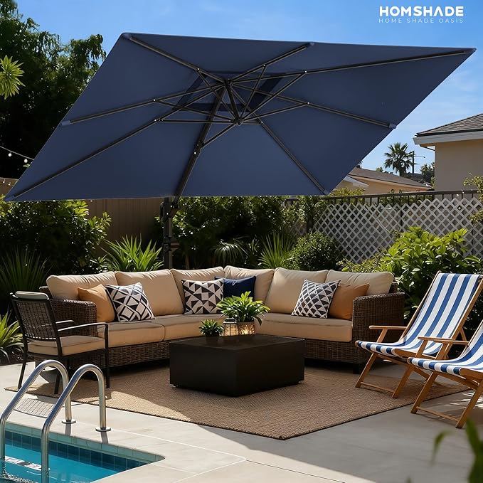 HOMSHADE 9x12FT Cantilever Patio Umbrella Outdoor with Base- Large Offset Heavy-Duty Aluminum Umbrella with 360° Rotation, 6 Tilts, Windproof, 3-Year Fade Resistance for Pool Deck, Navy Blue