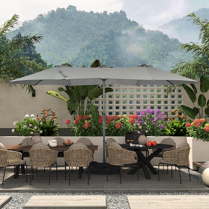 15 ft Patio Umbrella with Base, Large Rectangle Outdoor Umbrella with Matching Stand, Strap, Crank, Grey