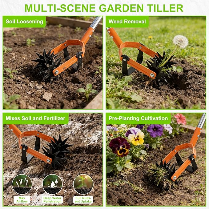 Rotary Cultivator Garden Rotary Tiller with Adjustable Stainless Steel 43"-72" Long Handle,Heavy Duty Hand Rolling Tiller Tines Garden Tool for Aerate