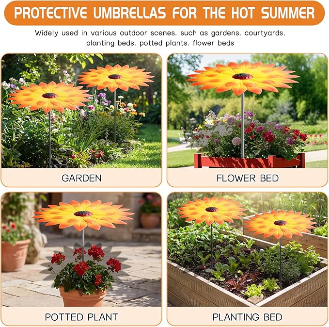 Axcoix 2 Pack Metal Plant Umbrellas for Outdoor Plants, 12" Realistic Flower Design Garden Plant Umbrella Shade, Decorative Sun Shade Disk for Plants, Potted Plants, Garden Beds