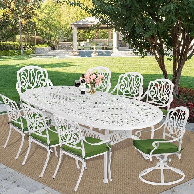 MEETWARM 9-Piece Outdoor Patio Dining Set, All-Weather Cast Aluminum Patio Conversation Set with 2 Swivel Rocker Chairs, 6 Stationary, 1 Oval Table, 8 Cushions, 2" Umbrella Hole, White