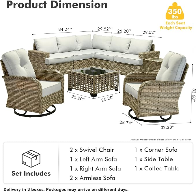 HOOOWOOO Sectional Patio Furniture Set with Swivel Chairs,9 Pieces Wicker Outdoor Furniture L Shaped Couch,Outside Conversation Set with Extra Deep Seat Sofa Wide Arm Solar Light Table,Light Gray