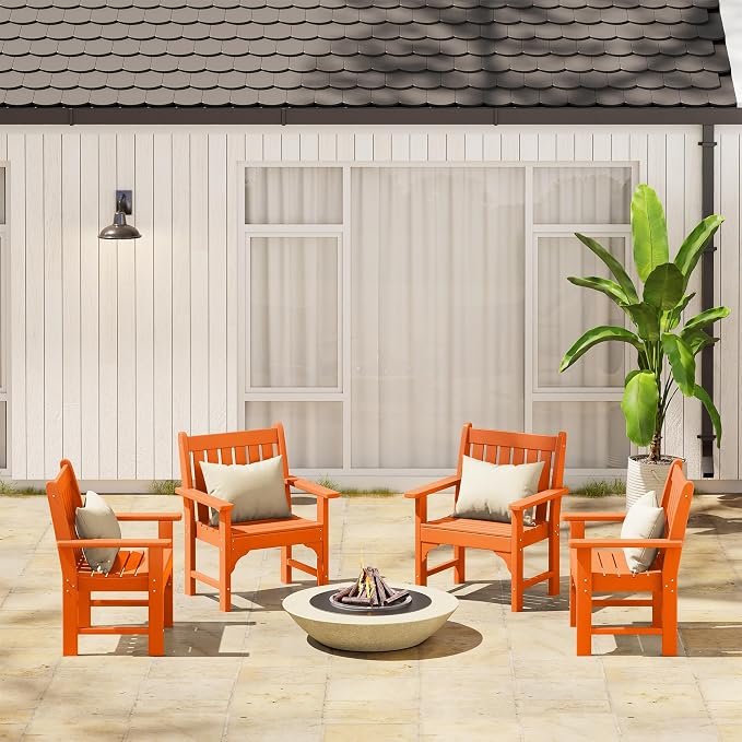 Costaelm Outdoor Dining Arm Chair, Patio HDPE Garden Dining Table Chair, Poly Lumber Waterproof Restaurant Bistro Farmhouse Chairs for Outside Porch Backyard, Orange