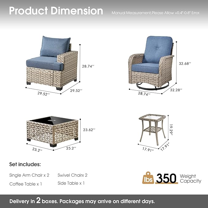 Rattan Patio Furniture Set with Swivel Chairs,6 Pieces Outdoor Sectional with Glowing Coffee Table,Out Door Furniture Conversation Set,Denim Blue