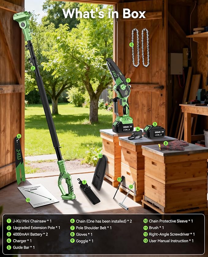Electric Pole Saws for Tree Trimming: 6 Inch Mini Chainsaw Cordless with Extension Pole, 2x4000mAh Batteries, 21V Brushless Pole Saw Battery Powered Tree Trimmer 16 Ft reach Limb