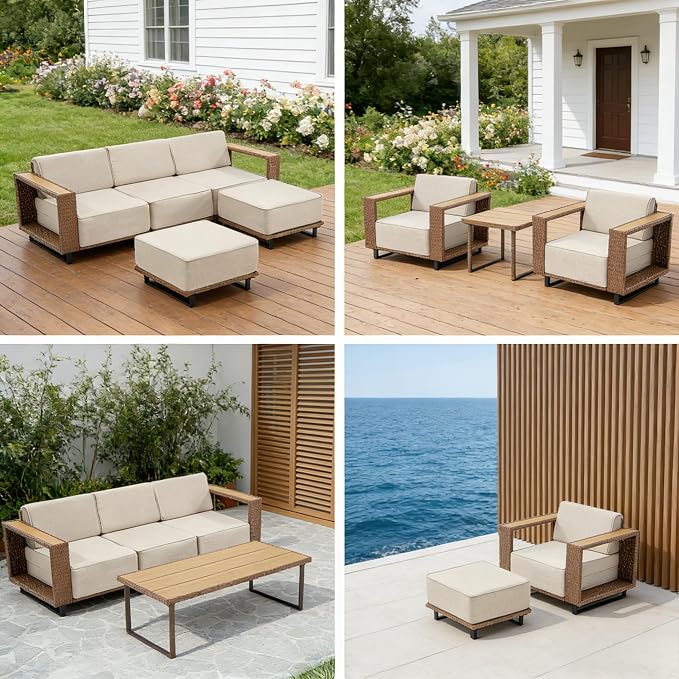 MOCHITO 4 Pieces Outdoor Patio Furniture Sets, All-Weather Sectional Sofa PE Rattan Wicker Conversation Set, Outdoor Patio sectional for Poolside, Porch, Lawn, Garden, Balcony(Beige)