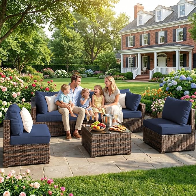 Patio Furniture Set 7 Piece Outdoor Wicker Sectional Sofa - All Weather High Backrest PE Rattan Couch Conversation Set with Cushion & Glass Top Table for Backyard Deck (Blue, L-7 pcs w/glass table)