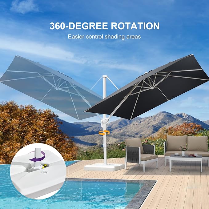 PURPLE LEAF 10 FT Patio Umbrella With Base White Cantilever Umbrella Square Outdoor Offset Windproof with 360° Rotation for Garden Deck Pool, Grey