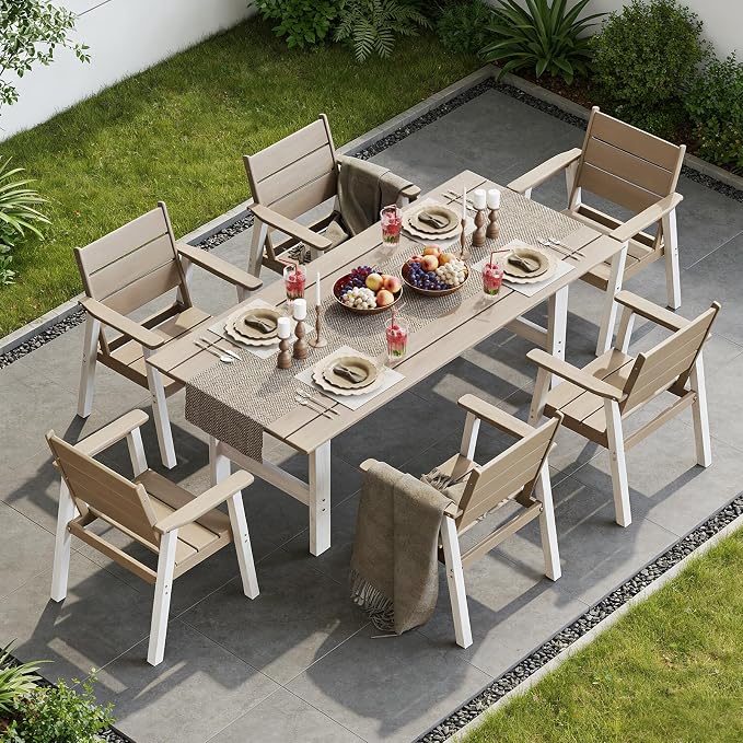 Outdoor Dining Set,5-Piece Patio Table and Chairs Set for 4, HDPE Outdoor Dining Table and Chairs with Umbrella Hole, All-Weather Patio Dining Furniture Set,White Brown