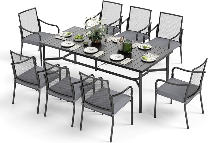 MIXPATIO 9 Piece Patio Metal Dining Set, Outdoor Table and Chairs for 8, Powder-Coating Steel Chairs with 4" Thickened Cushions, 83" Rectangle Table for Deck Backyard with 1.57" Umbrella Hole