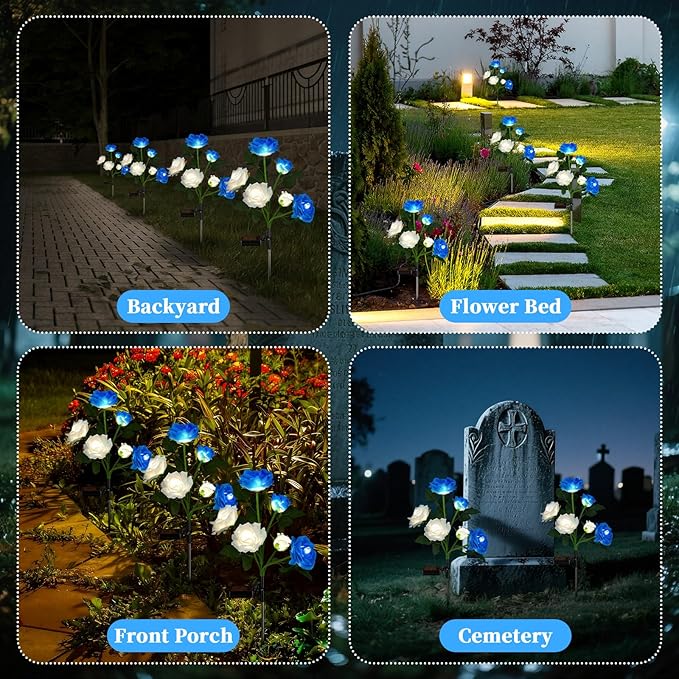 Lewtemi 2 Pack Solar-Powered Artificial Cemetery Flowers, Waterproof Memorial Flower Lights for Outdoor Grave, Garden, Patio, Yard Decoration