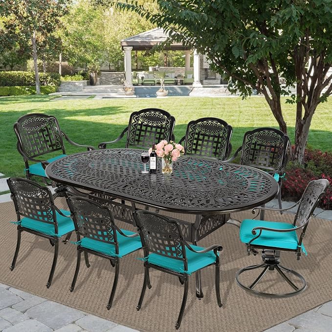 MEETWARM 9-Piece Outdoor Patio Dining Set, All-Weather Cast Aluminum Patio Conversation Set with 6 Stationary, 2 Swivel Rocker Chairs, 1 Oval Table, 8 Cushions, 2" Umbrella Hole, Ocean Blue
