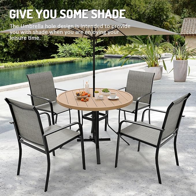 MELLCOM Outdoor Table and Chairs Set for 4, Patio Dining Set with 1 Round Metal Table and 4 Textilene Chairs for Backyard, Garden, Deck and Poolside