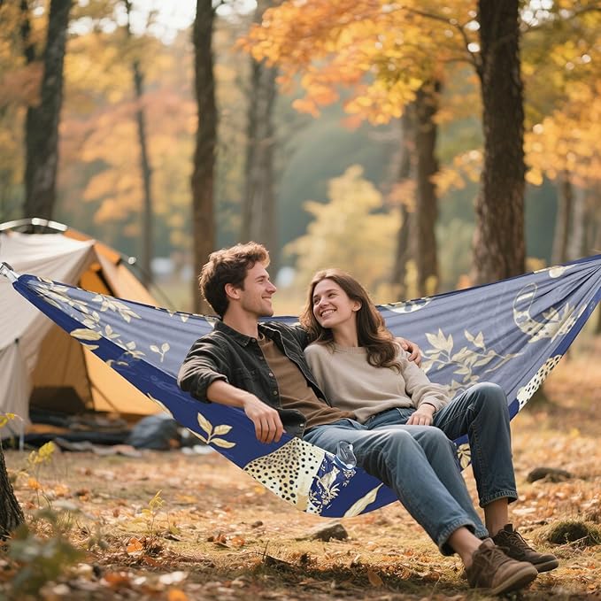 Blue and Gold Leopard Leaves 330lb Capacity Hammocks with Hanging Rope Fabric Hammock for Patio Backyard Lounge Base hamacas para adultos con soporte