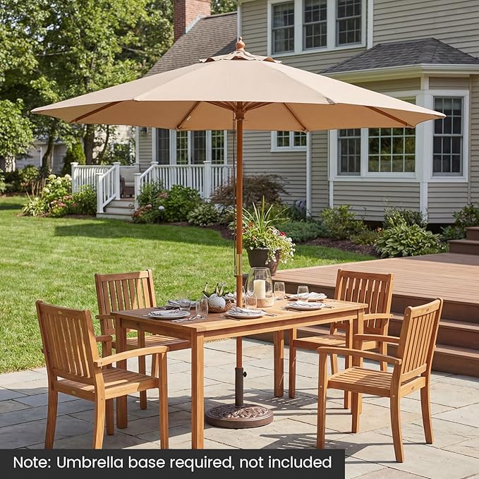 HAPPYGRILL 9 FT Patio Umbrella, Outdoor Table Market Umbrella with 8 Sturdy Bamboo Ribs, Wood Pole, Sun-Protective Double-Tier Canopy, Air Vent, Sunshade Parasol for Garden Deck Backyard Pool (Tan)