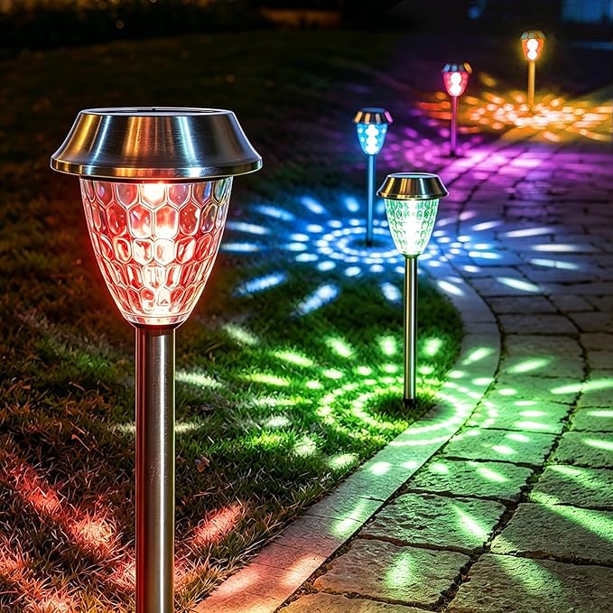 Solar Pathway Lights Outdoor 4 Pack, Glass & Metal Solar Lights with 10 Lumens Brightness, IP65 Waterproof, Warm White & RGB Modes, Decorative Solar Garden Lights for Yard, Walkway, Driveway