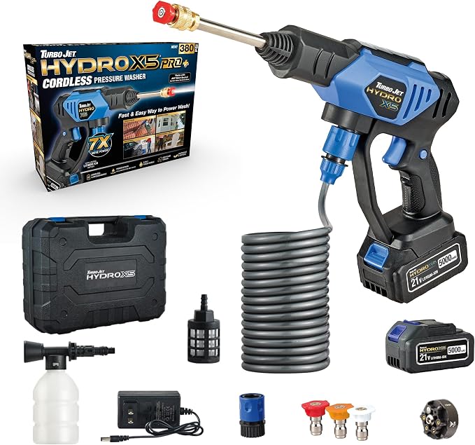 Turbo Jet® HydroX5TM Pro+ Cordless Pressure Washer – 380 PSI | 21V 5000mAh Battery | Dual Water Source | Portable Pressure Washer for Cars, Patios, Bikes & More